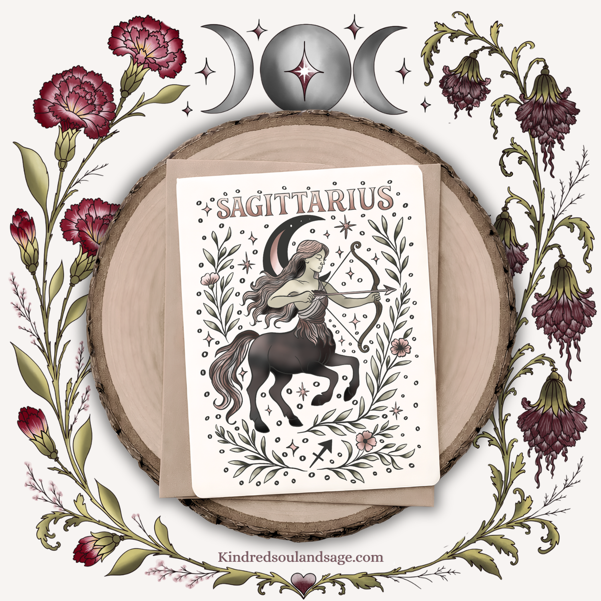 Sagittarius Zodiac Greeting Card – Celestial Centaur Archer Illustration – Boho Astrology Art by Kindred Soul & Sage