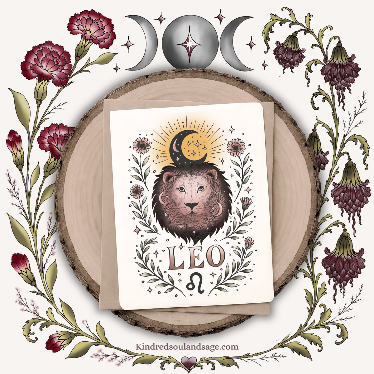 Leo Zodiac Greeting Card – Celestial Sun + Moon Lion Illustration – Boho Astrology Art by Kindred Soul & Sage
