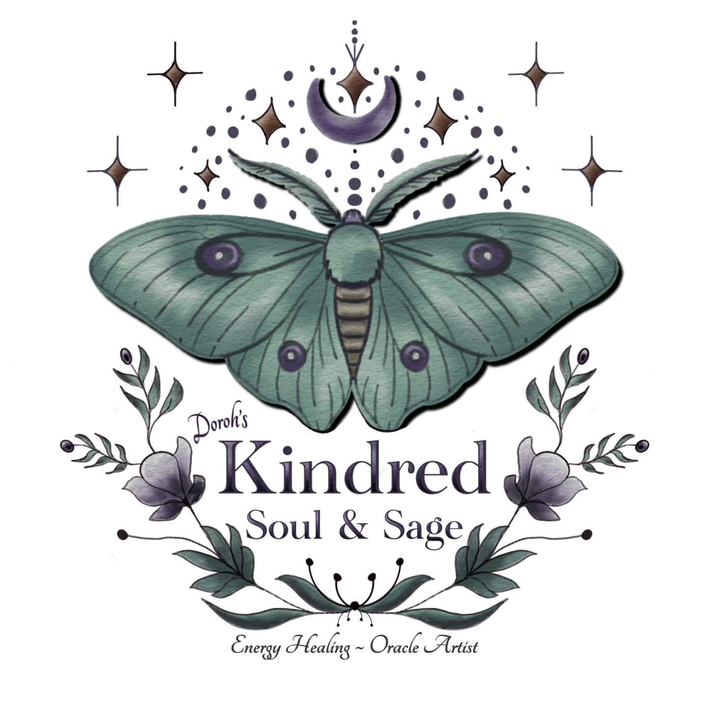 Moth illustration with 'Kindred Soul & Sage' branding on a white background