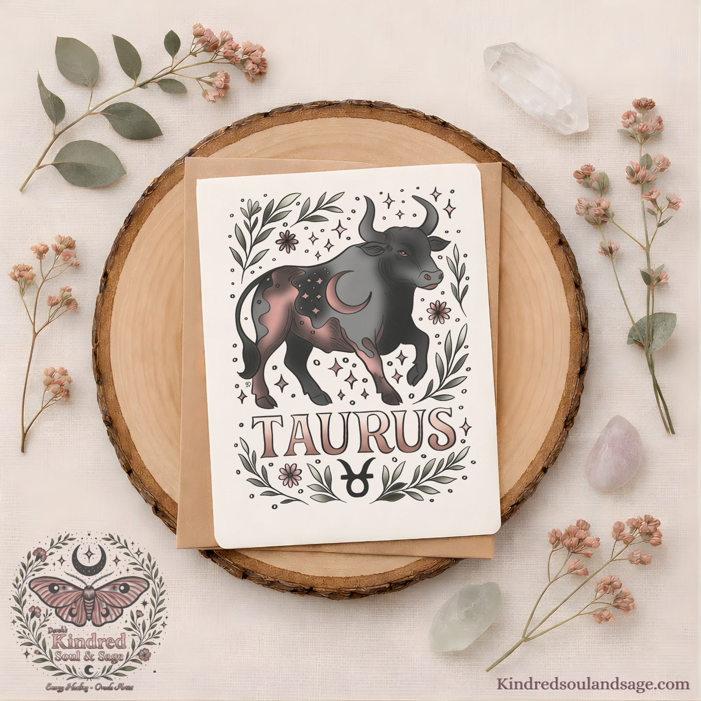 Taurus Zodiac Greeting Card – Earthy Celestial Bull Illustration – Boho Astrology Art by Kindred Soul & Sage