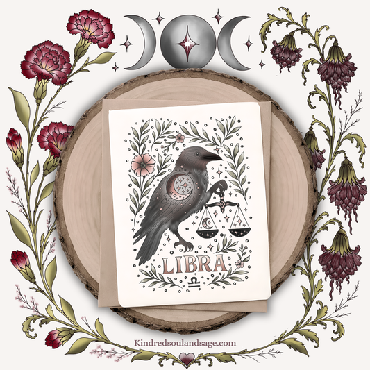 Libra Zodiac Greeting Card – Celestial Raven & Scales Illustration – Boho Astrology Art by Kindred Soul & Sage