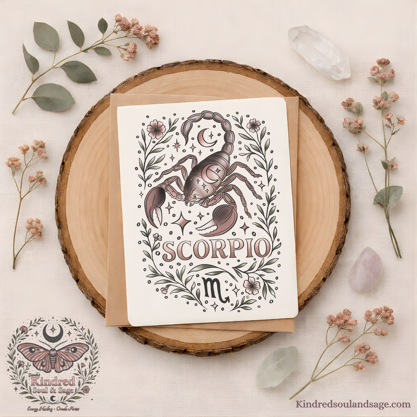Scorpio Zodiac Greeting Card – Celestial Scorpion Illustration – Mystical Boho Astrology Art by Kindred Soul & Sage