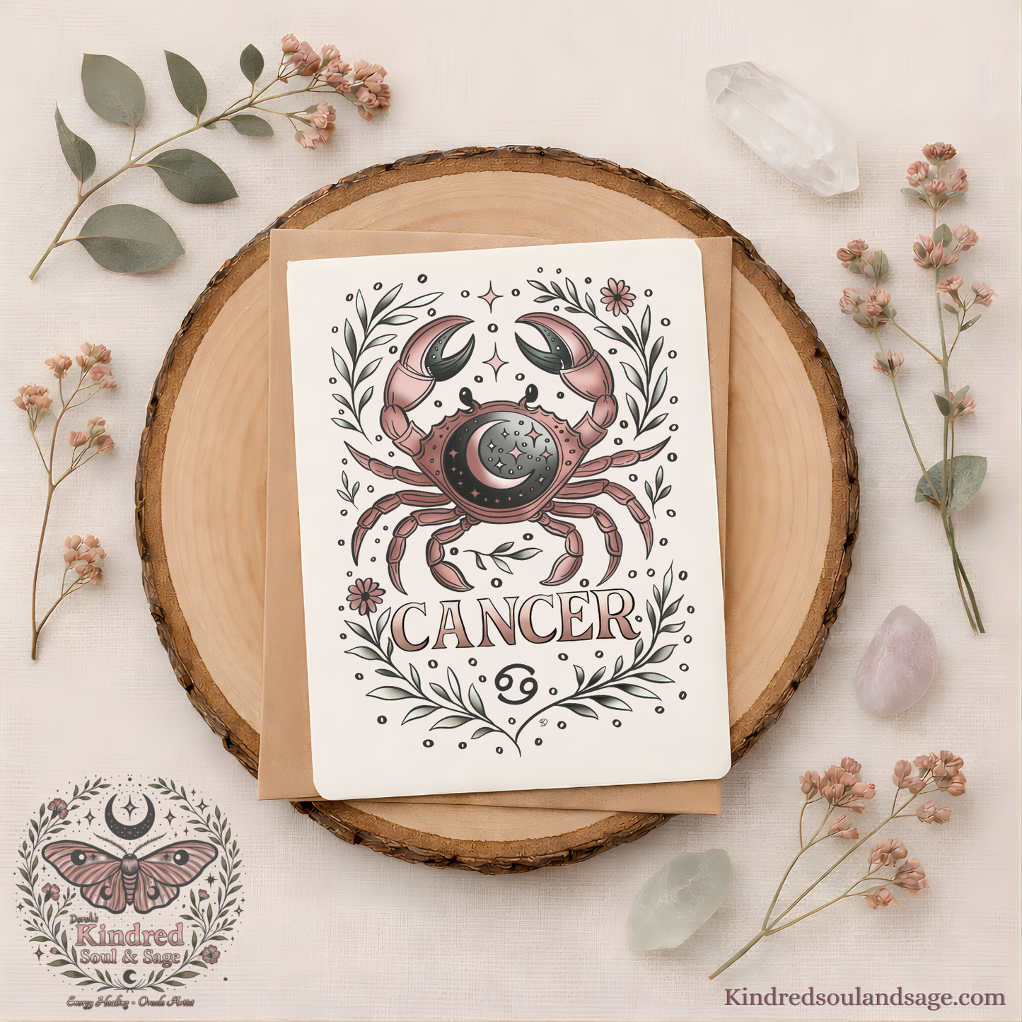 Cancer Zodiac Greeting Card – Celestial Moonlit Crab Illustration – Boho Astrology Art by Kindred Soul & Sage