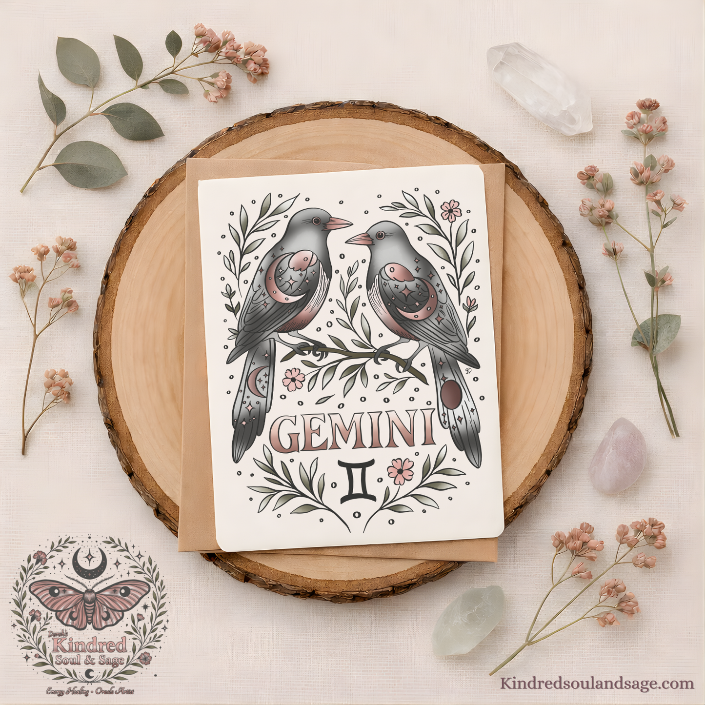 Gemini Zodiac Greeting Card – Celestial Twin Birds Illustration – Airy Boho Astrology Art by Kindred Soul & Sage
