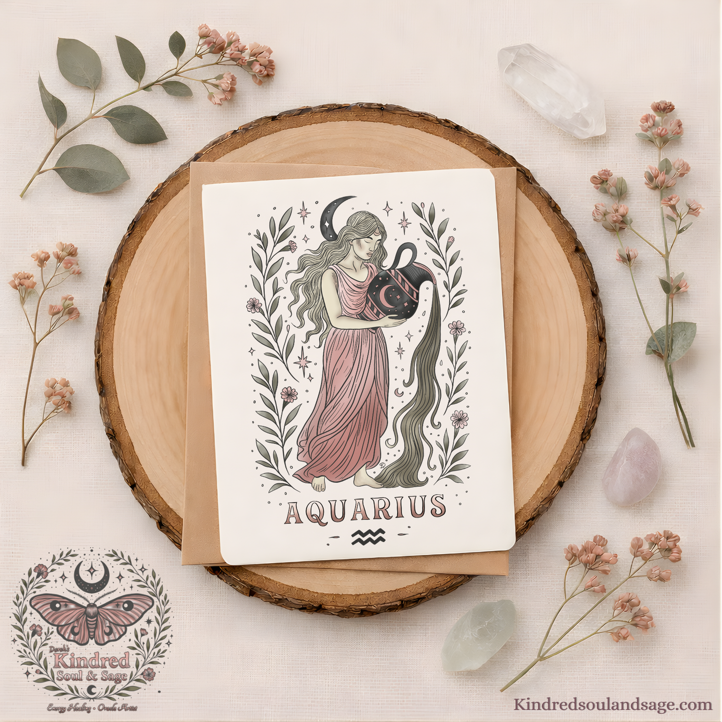 Aquarius Zodiac Greeting Card – Boho Celestial Water-Bearer Art – Kindred Soul & Sage
