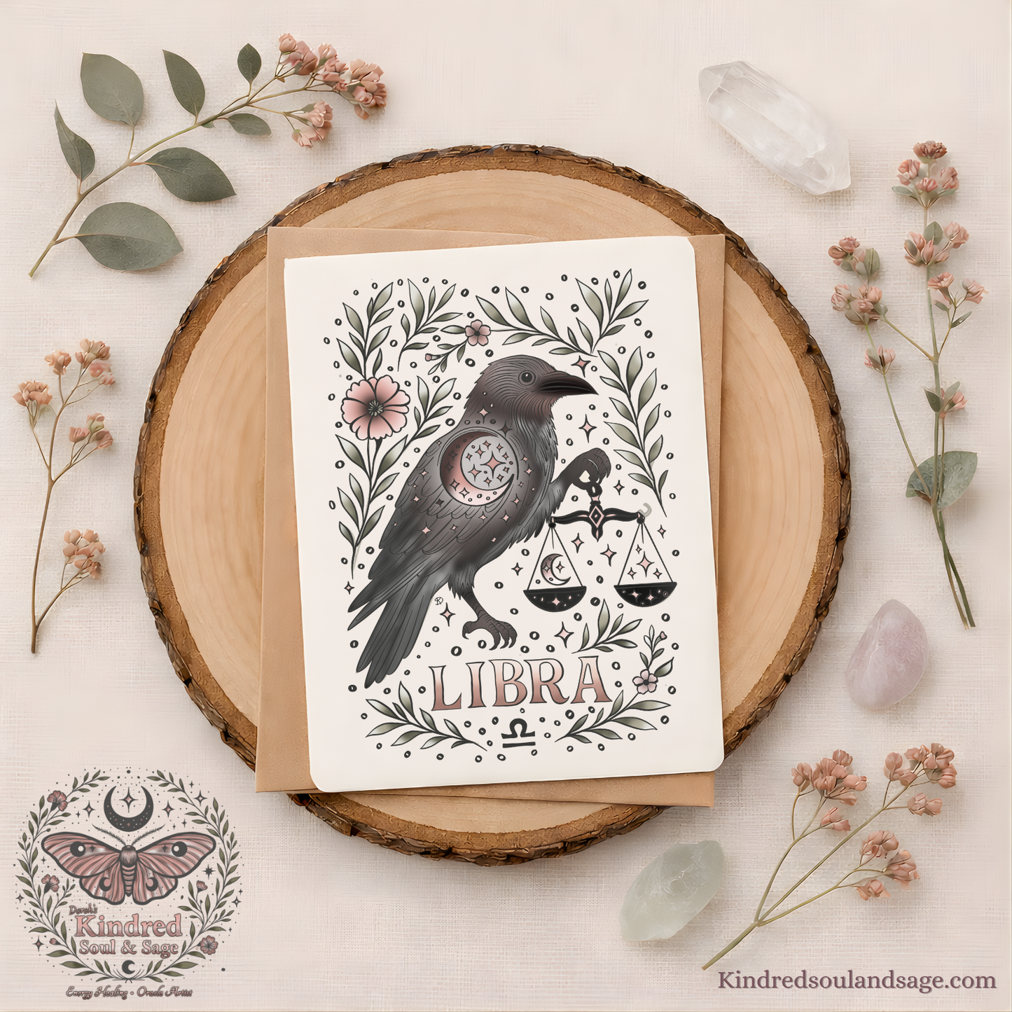 Libra Zodiac Greeting Card – Celestial Raven & Scales Illustration – Boho Astrology Art by Kindred Soul & Sage