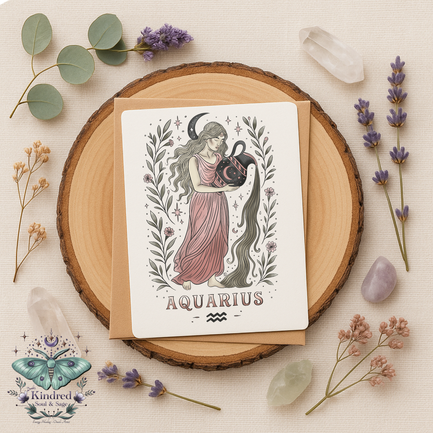 Aquarius zodiac card on a wooden round with flowers and crystals