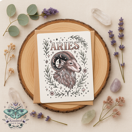 Card with Aries illustration on a wooden round board with flowers and crystals.
