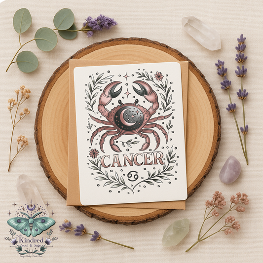Card with Cancer zodiac design on a wooden round piece with flowers and crystals.