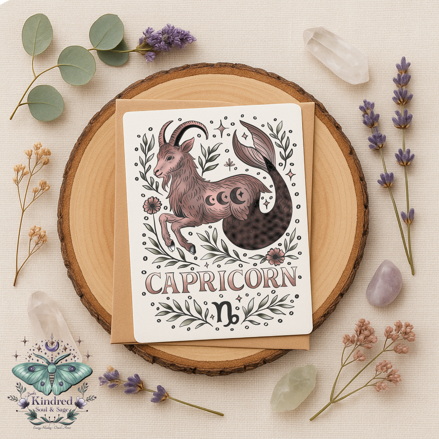 Capricorn zodiac card on a wooden slice with flowers and crystals