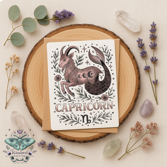 Capricorn zodiac card on a wooden slice with flowers and crystals