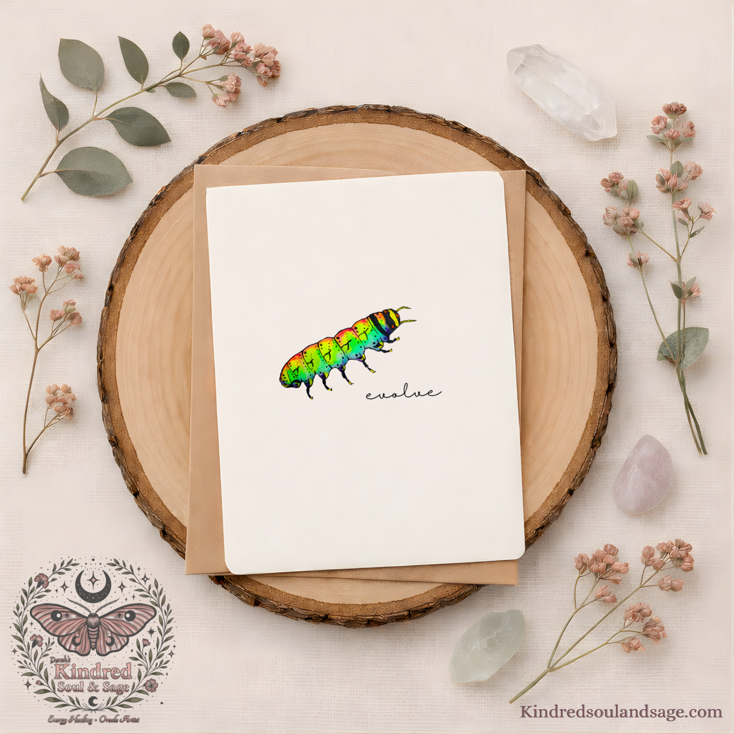 5x7 greeting card featuring a colorful caterpillar and the word “evolve,” printed on white cardstock with a recycled kraft envelope. Nature-inspired encouragement.
