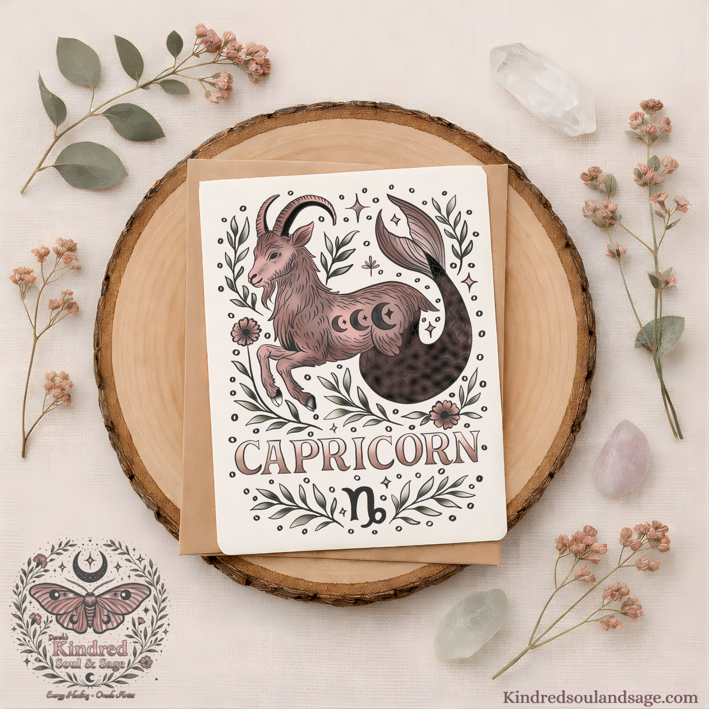 Capricorn Zodiac Greeting Card – Celestial Sea-Goat Illustration – Earthy Boho Astrology Art by Kindred Soul & Sage