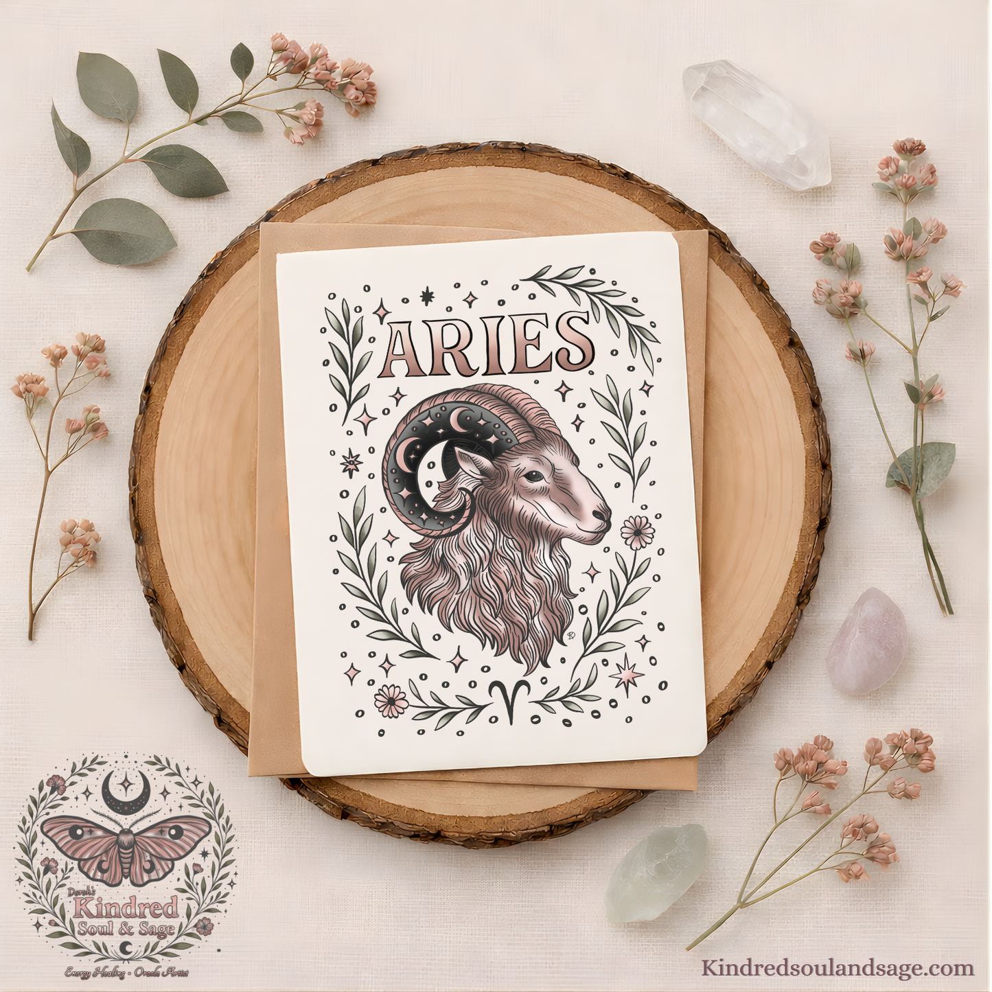Aries Zodiac Greeting Card – Celestial Ram Illustration – Boho Astrology Art by Kindred Soul & Sage