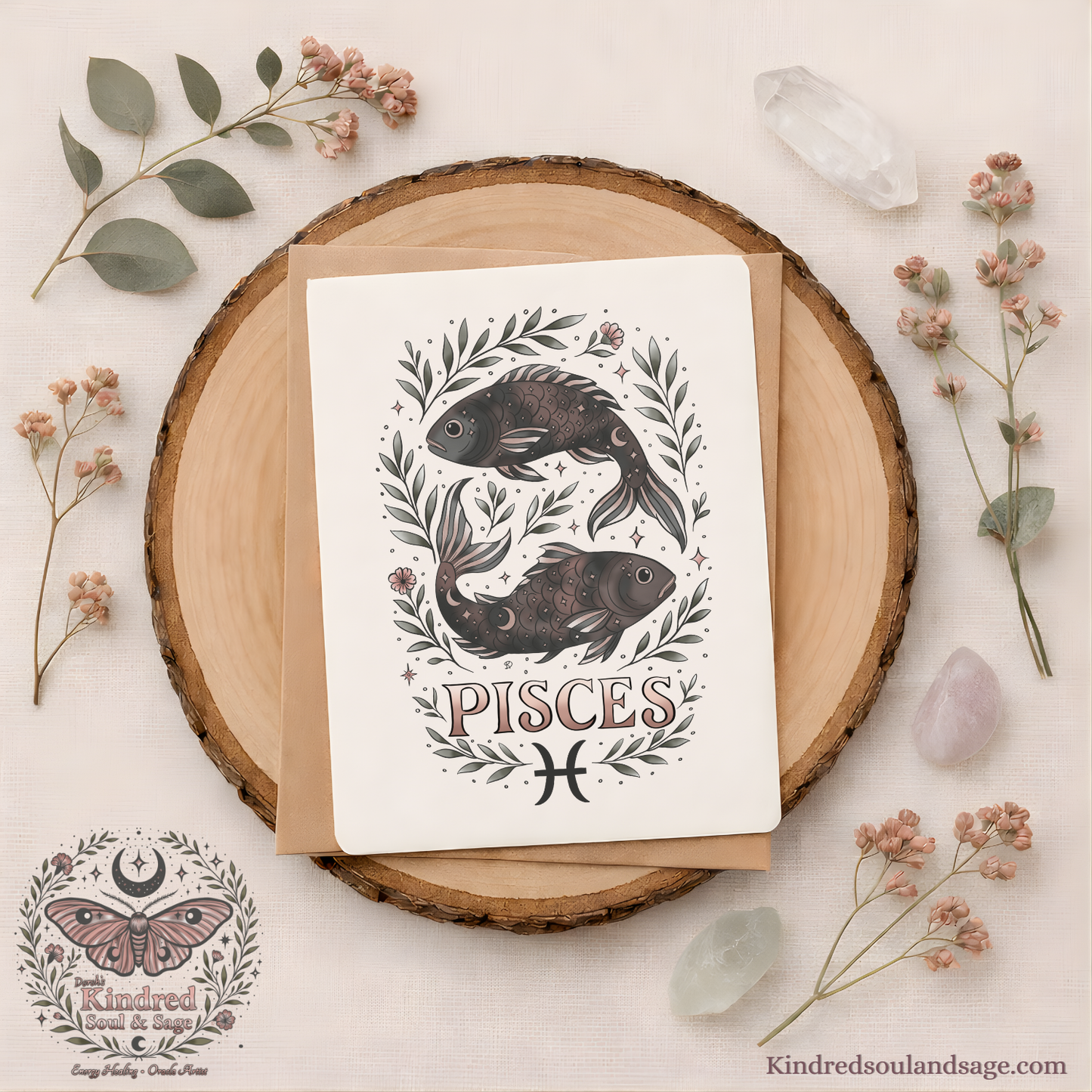 Pisces Zodiac Greeting Card – Mystical Boho Twin Fish Illustration – Kindred Soul & Sage