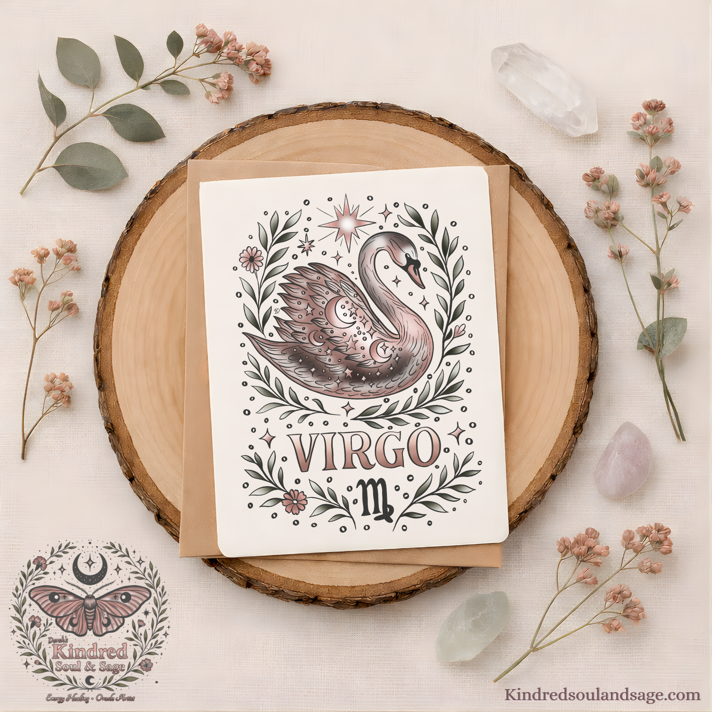 Virgo Zodiac Greeting Card – Celestial Swan Illustration – Earthy Boho Astrology Art by Kindred Soul & Sage