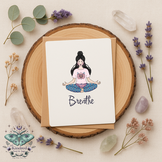 Card with a meditation illustration and 'Breathe' text, surrounded by natural elements on a wooden surface.