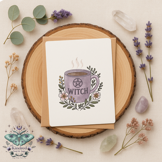 Witchy Coffee Mug Greeting Card – Kindred Soul & Sage