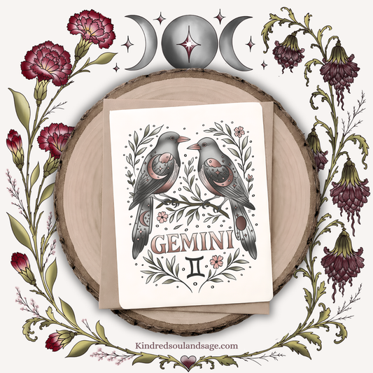 Gemini Zodiac Greeting Card – Celestial Twin Birds Illustration – Airy Boho Astrology Art by Kindred Soul & Sage