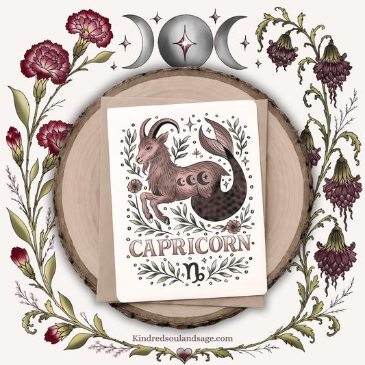 Capricorn Zodiac Greeting Card – Celestial Sea-Goat Illustration – Earthy Boho Astrology Art by Kindred Soul & Sage