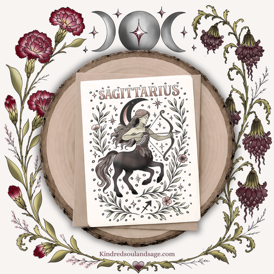 Sagittarius Zodiac Greeting Card – Celestial Centaur Archer Illustration – Boho Astrology Art by Kindred Soul & Sage
