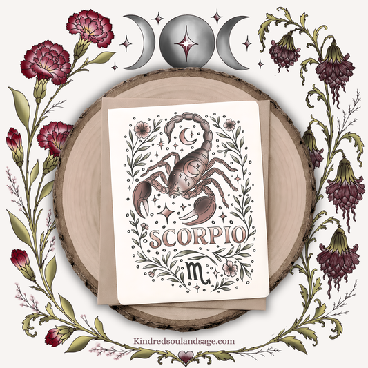 Scorpio Zodiac Greeting Card – Celestial Scorpion Illustration – Mystical Boho Astrology Art by Kindred Soul & Sage