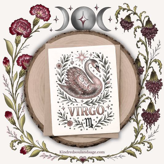 Virgo Zodiac Greeting Card – Celestial Swan Illustration – Earthy Boho Astrology Art by Kindred Soul & Sage
