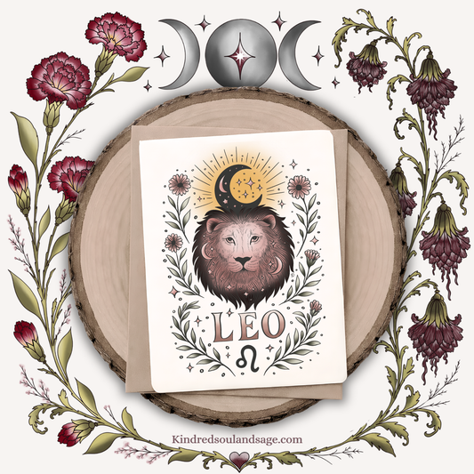 Leo Zodiac Greeting Card – Celestial Sun + Moon Lion Illustration – Boho Astrology Art by Kindred Soul & Sage
