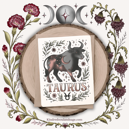 Taurus Zodiac Greeting Card – Earthy Celestial Bull Illustration – Boho Astrology Art by Kindred Soul & Sage