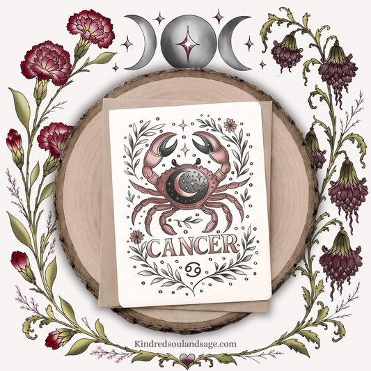 Cancer Zodiac Greeting Card – Celestial Moonlit Crab Illustration – Boho Astrology Art by Kindred Soul & Sage