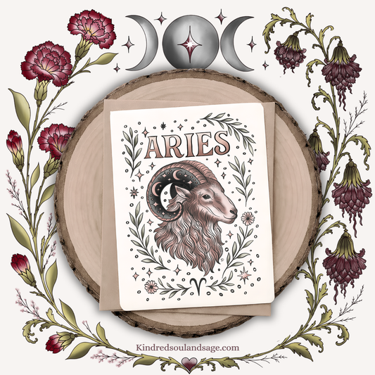 Aries Zodiac Greeting Card – Celestial Ram Illustration – Boho Astrology Art by Kindred Soul & Sage