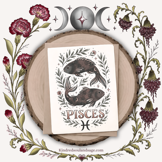 Pisces Zodiac Greeting Card – Mystical Boho Twin Fish Illustration – Kindred Soul & Sage