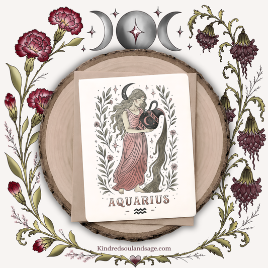 Aquarius Zodiac Greeting Card – Boho Celestial Water-Bearer Art – Kindred Soul & Sage