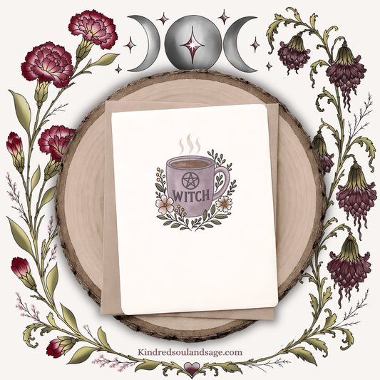 Witchy Coffee Mug Greeting Card – Kindred Soul & Sage