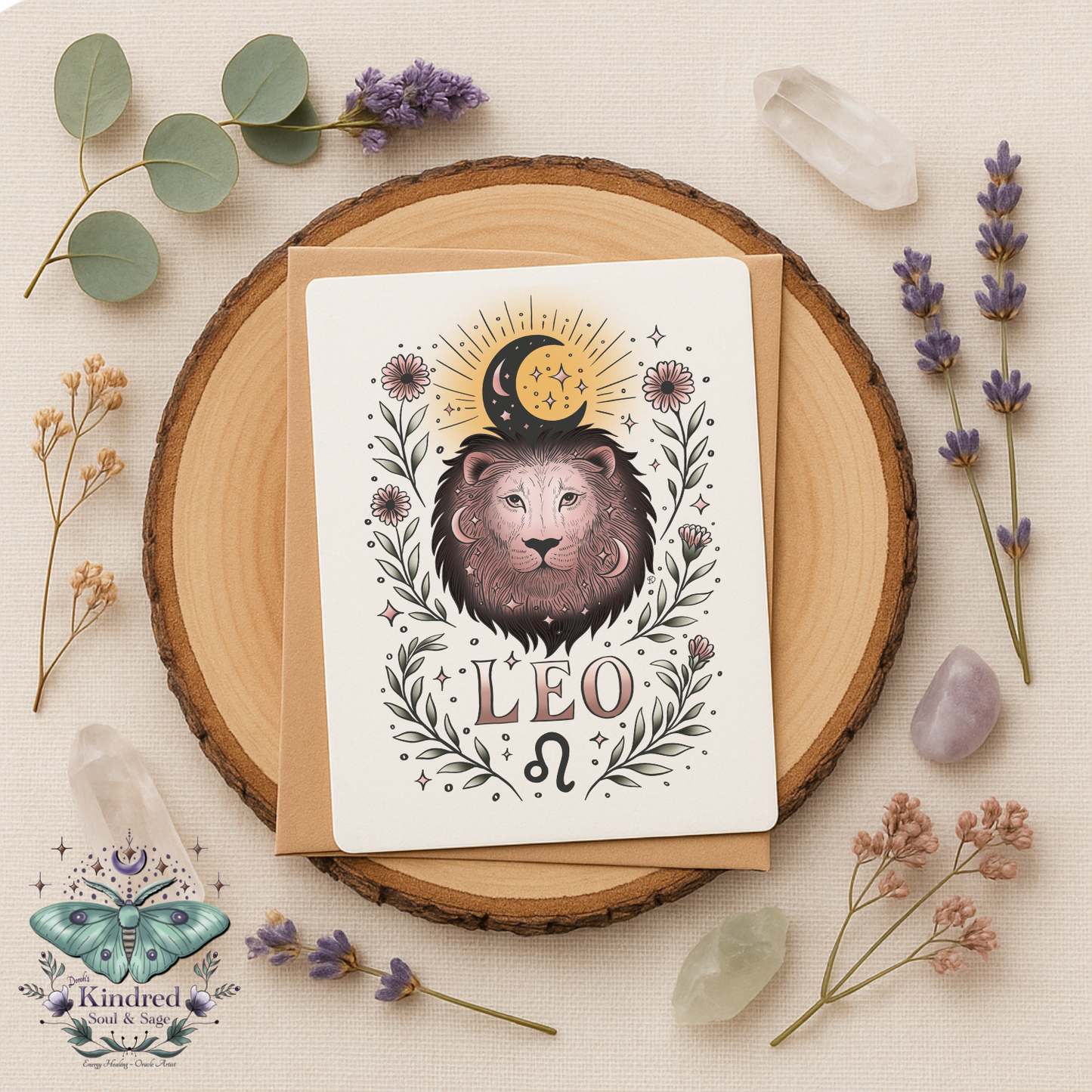 Greeting card with Leo zodiac design on a wooden round surface with flowers and crystals.