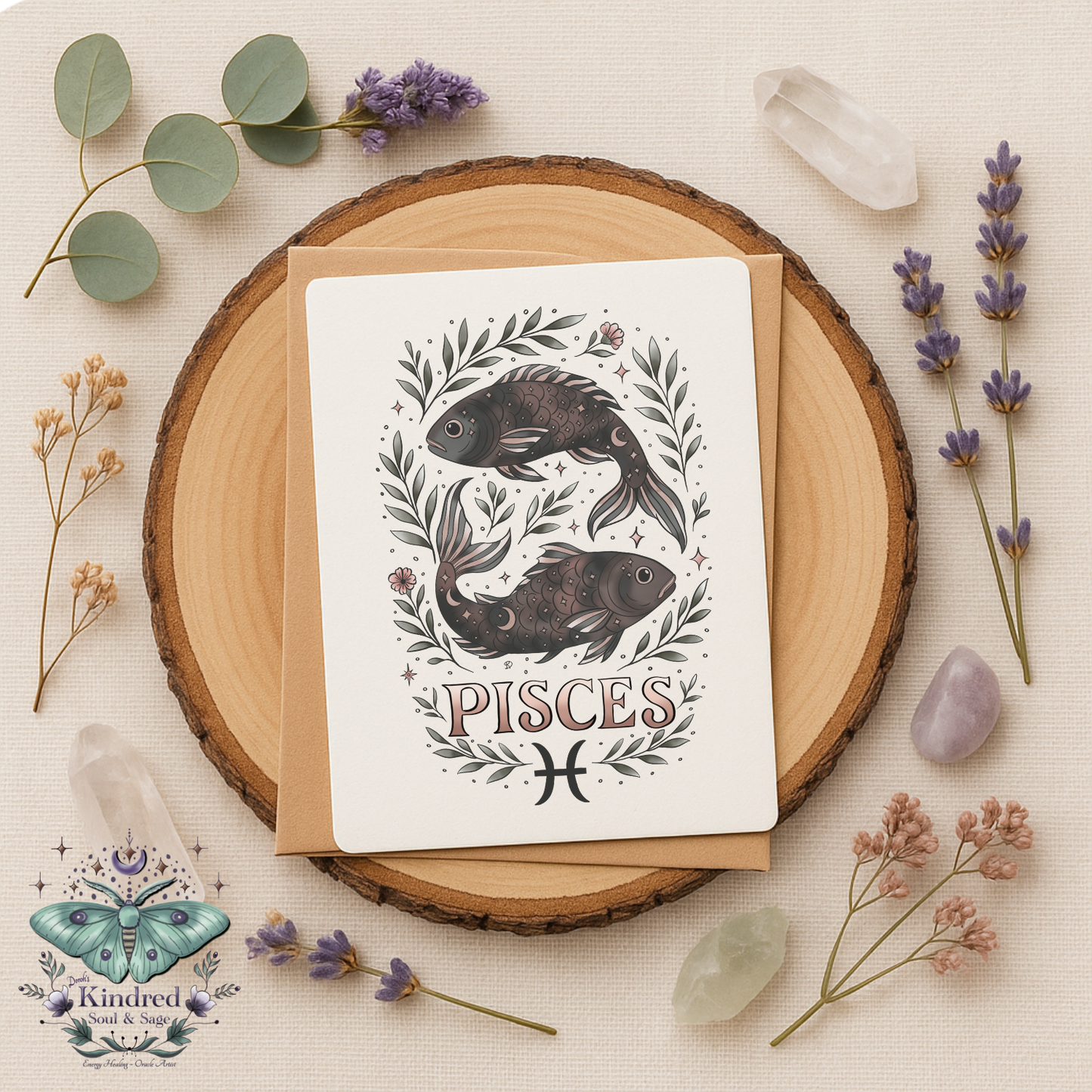 Pisces zodiac card on a wooden round with flowers and crystals