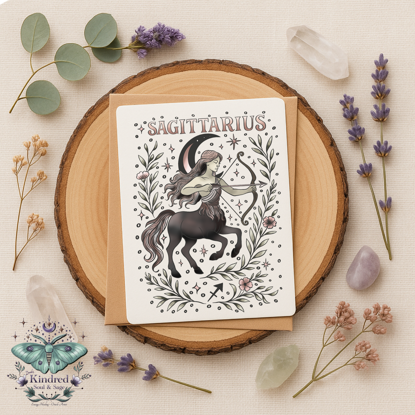 Sagittarius zodiac card on a wooden round with flowers and crystals