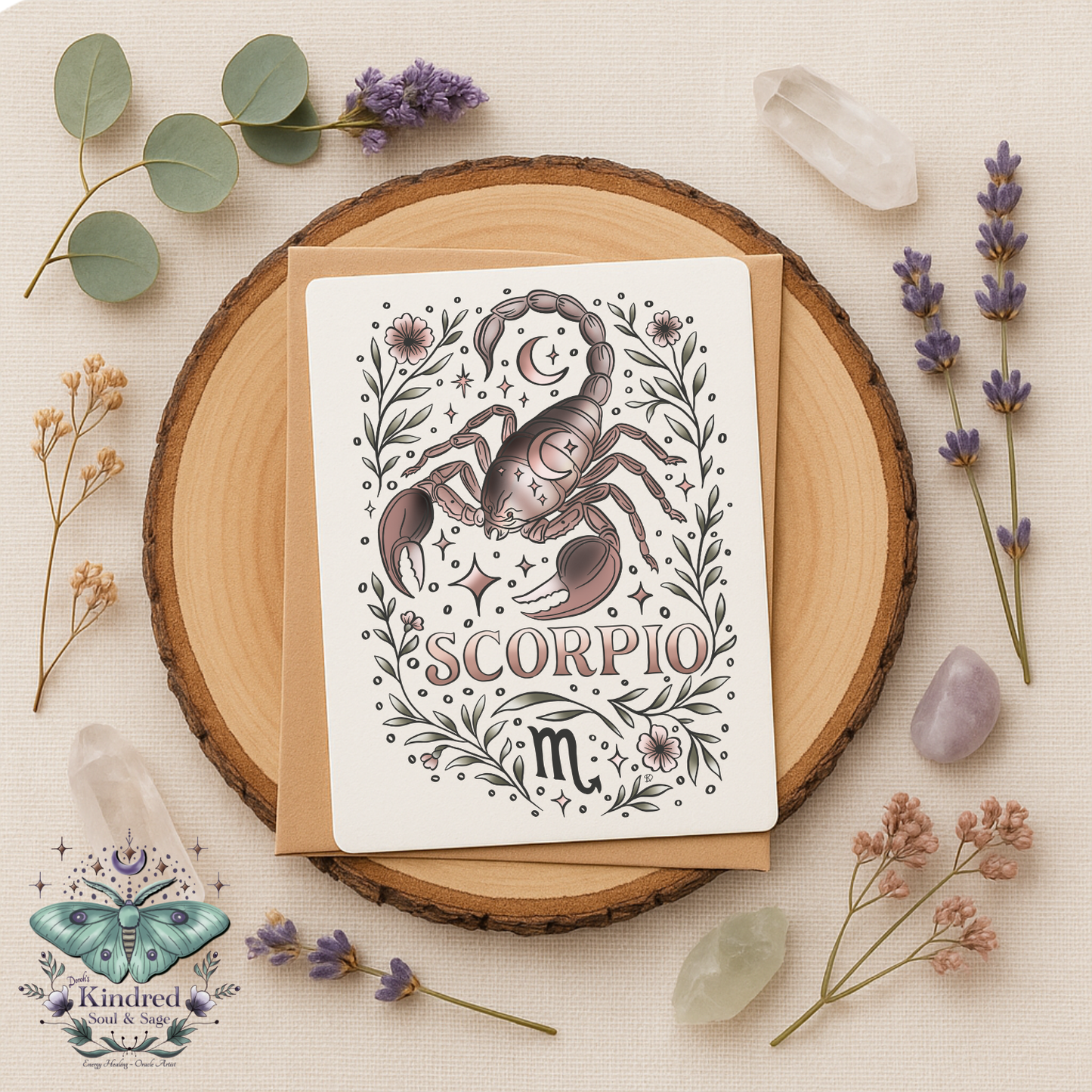 Scorpio zodiac card on a wooden round with flowers and crystals
