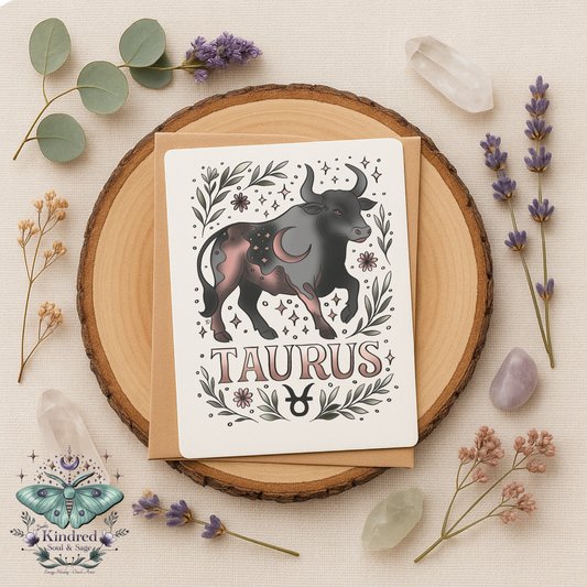 Card with Taurus zodiac design on a wooden round surface with flowers and crystals.